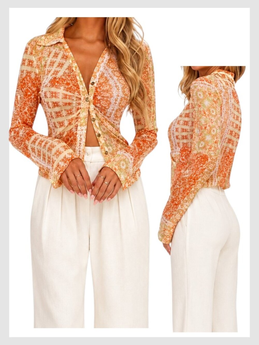 Selfie Leslie Sheer Button Up Blouse Orange Mesh Long Sleeve S